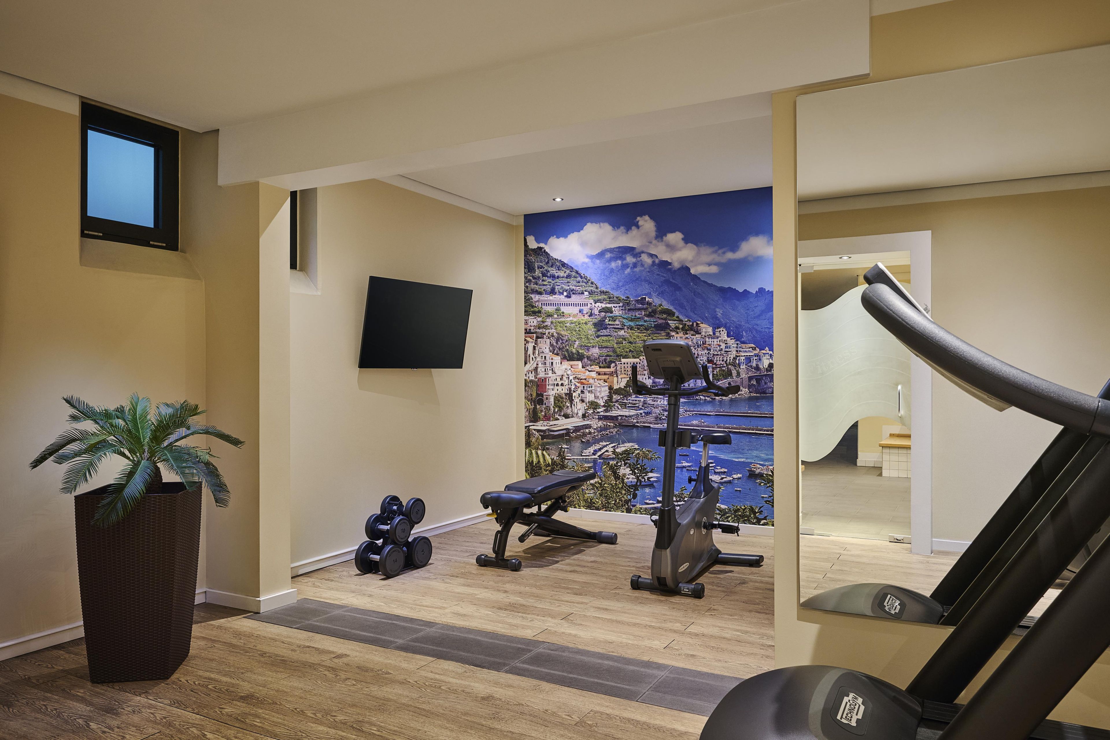 A home gym with exercise equipment, a television, and a scenic mural.