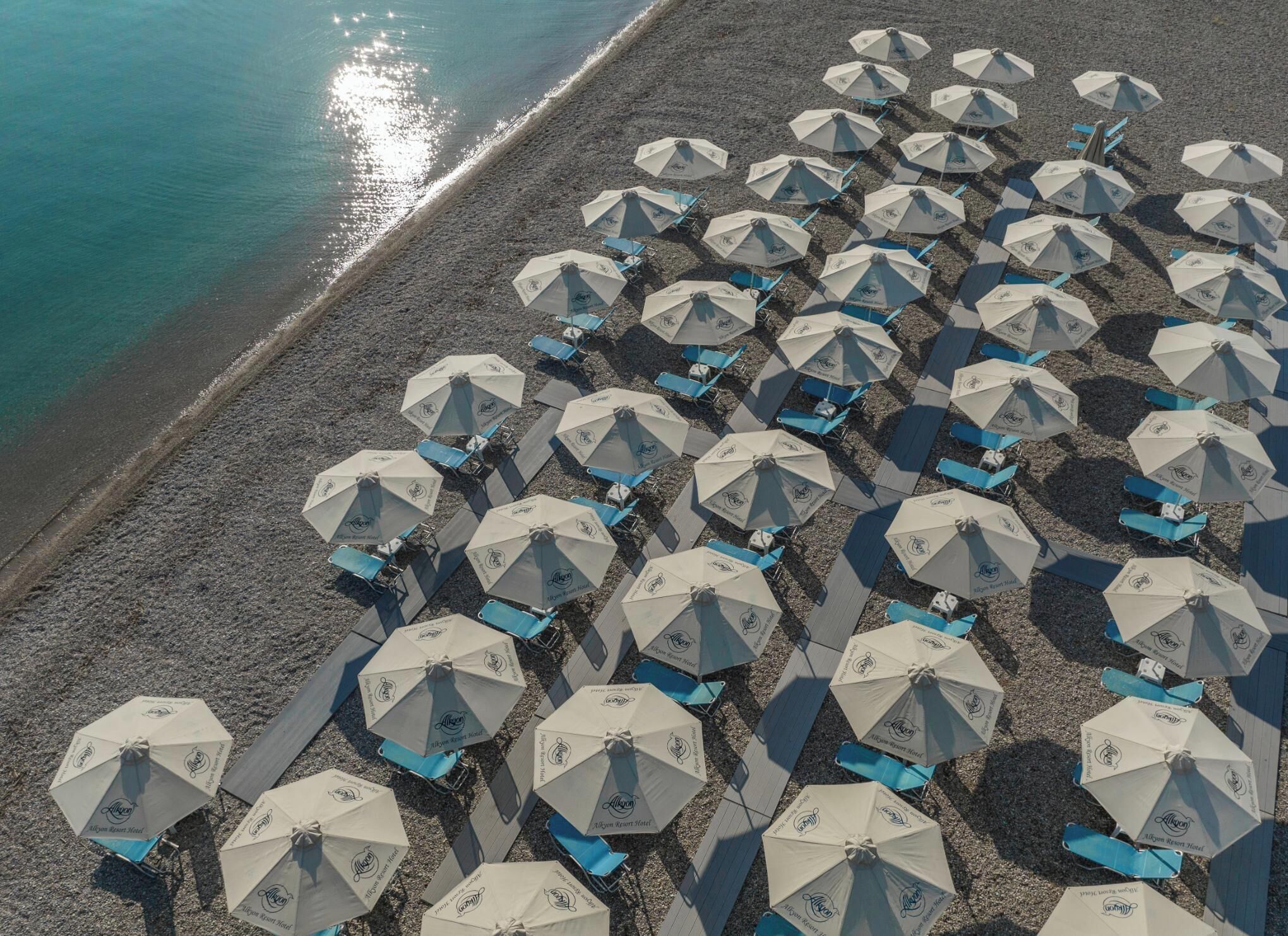 Een strand met rijen parasols en stoelen, waarschijnlijk voor gasten.