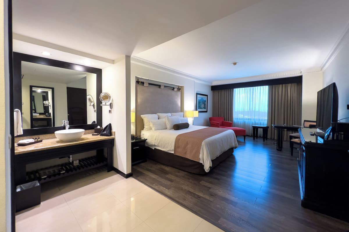 Une chambre d’hôtel avec un grand lit, un bureau, une télévision, une salle de bain avec un lavabo et un miroir, et une vue sur l’extérieur.