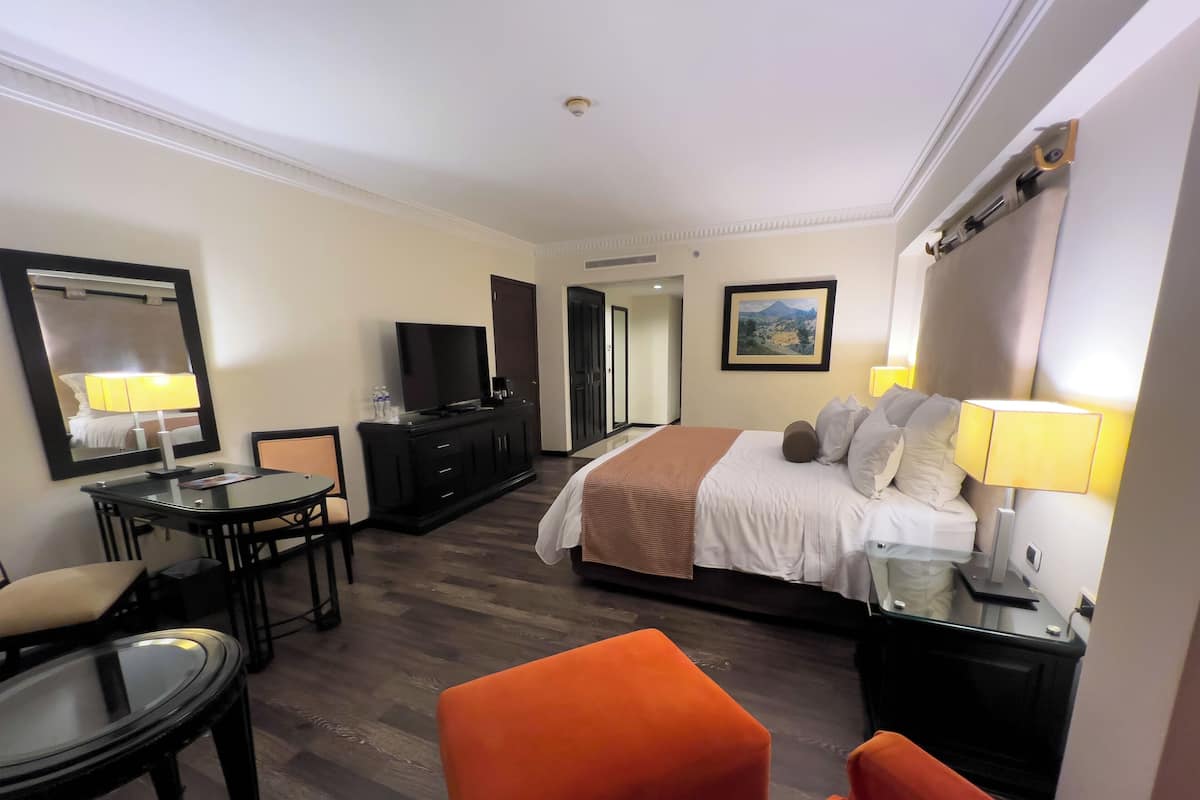 Une chambre d’hôtel avec un lit, un bureau, une chaise, une télévision et un tableau au mur.
