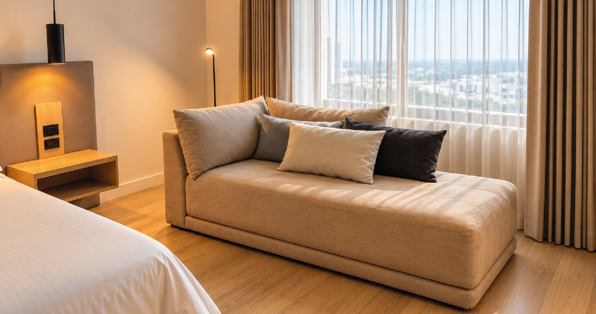 Quarto de hotel moderno com sofá-cama, mesa de cabeceira, abajur e vista da cidade através de amplas janelas.