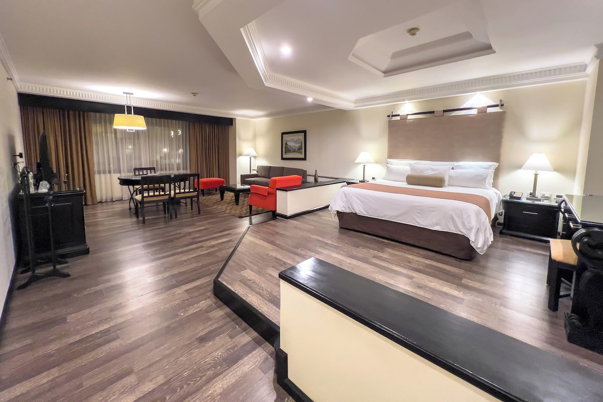 Una habitación de hotel con una cama grande, un escritorio, dos sillas, una mesa de comedor y un sofá.
