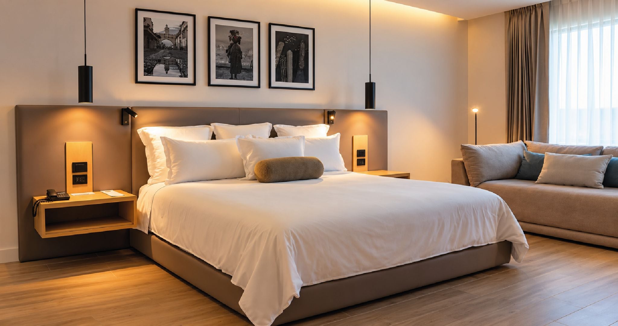 A modern bedroom with a large bed, bedside tables, a sofa, and framed pictures on the wall.