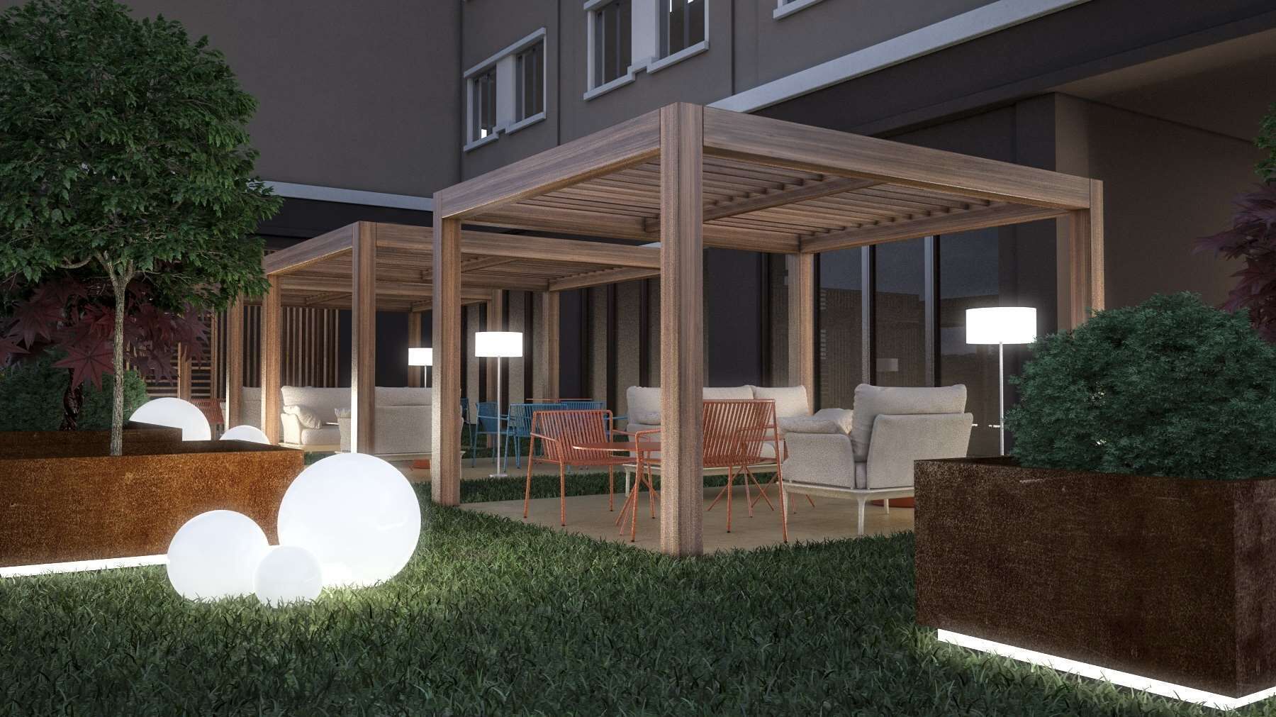 Un espacio al aire libre con pérgolas de madera, mobiliario moderno e iluminación ambiental.
