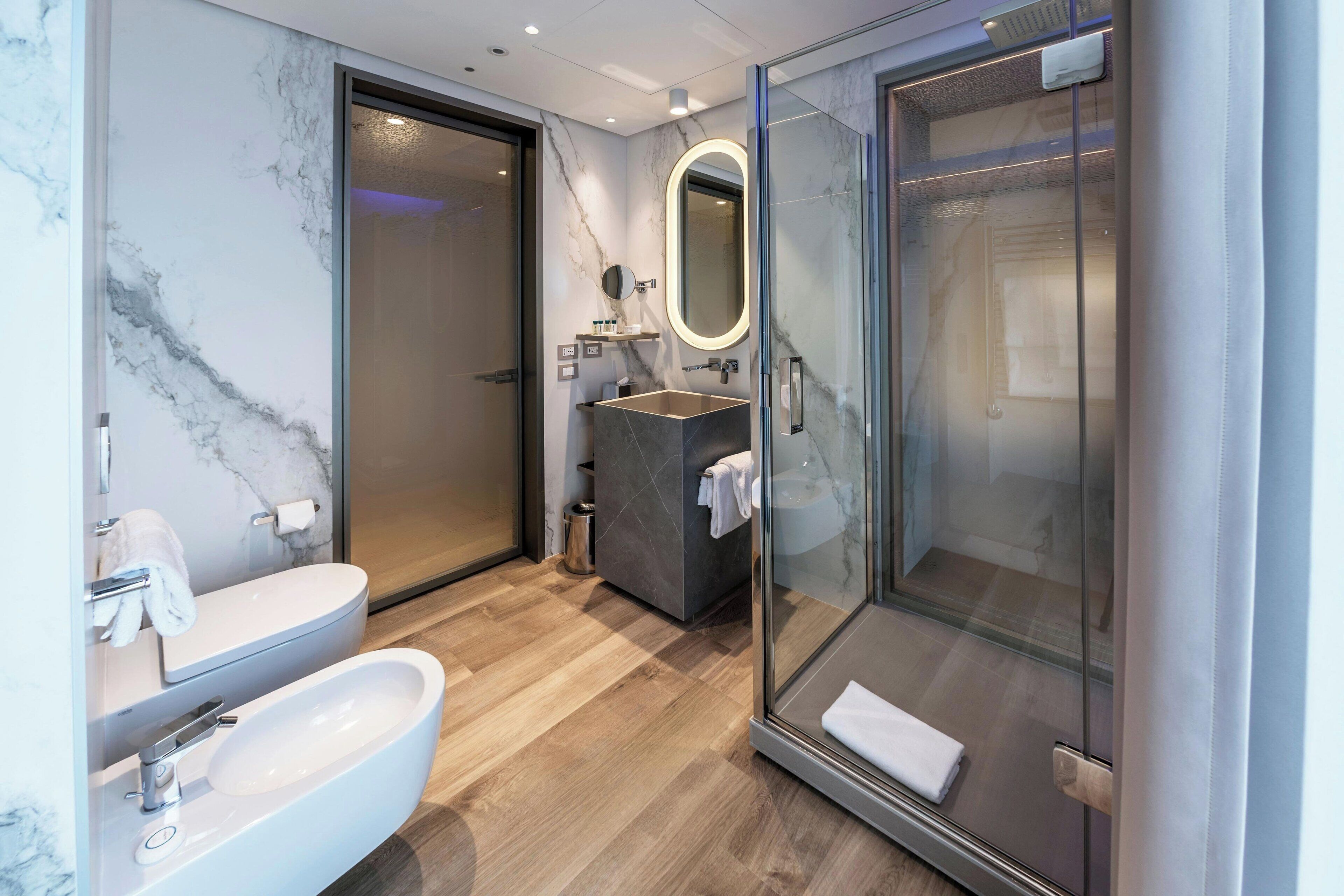 rainfall showerhead, free toiletries, hair dryer, bathrobes