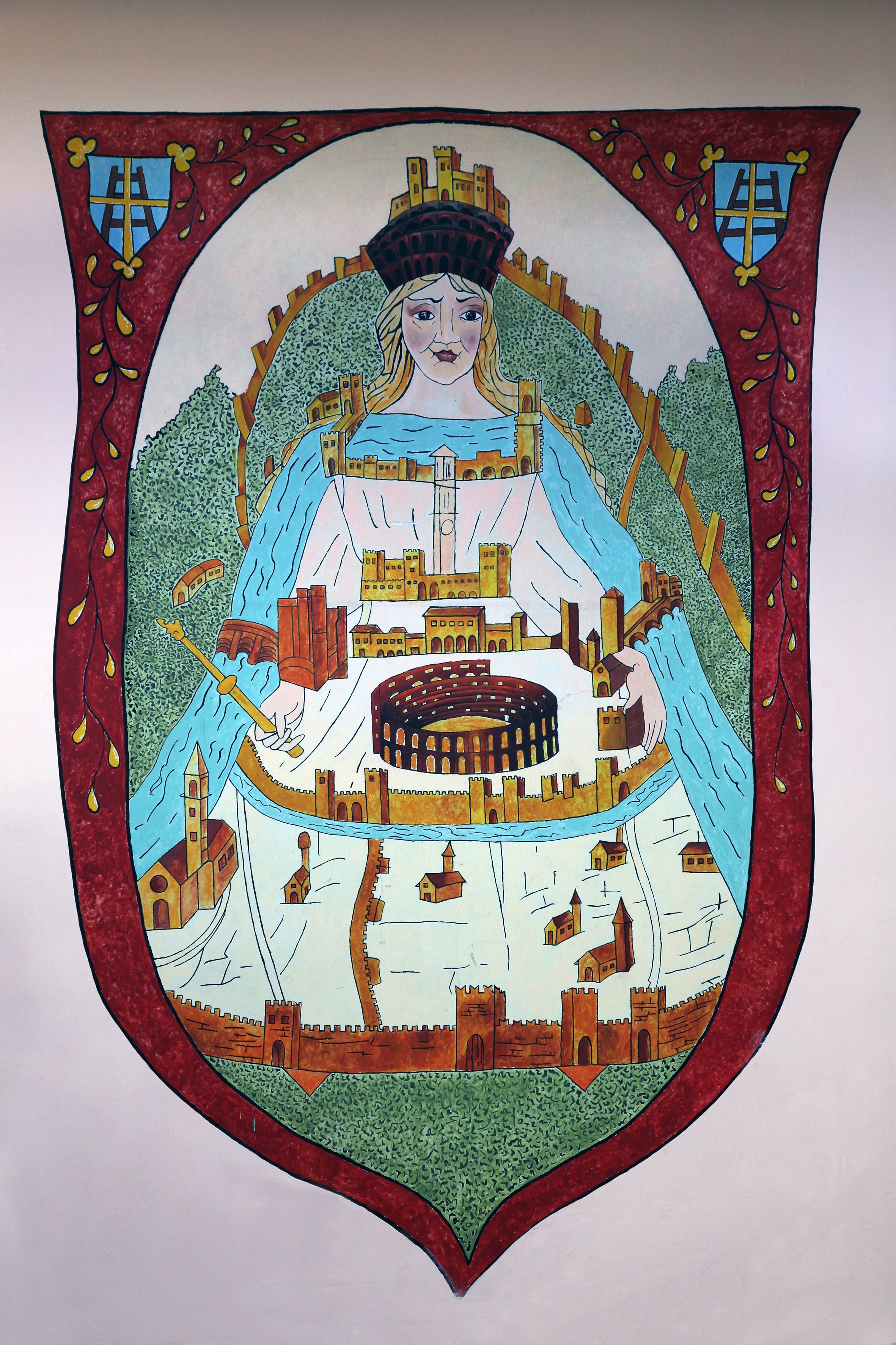 A detailed illustration of a medieval cityscape with a central castle, surrounded by various buildings and a river.