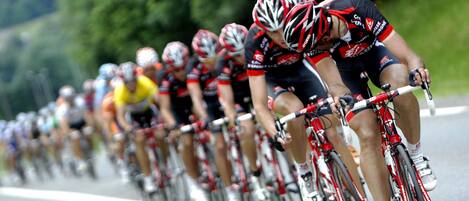 A group of cyclists in a race, riding in a line on a road.