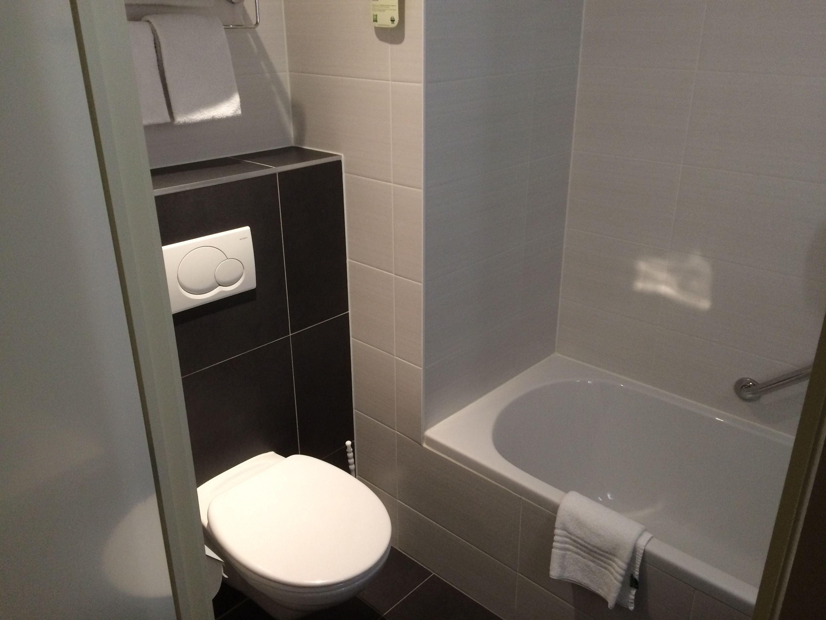 A bathroom with a toilet, a towel rack, and a bathtub.