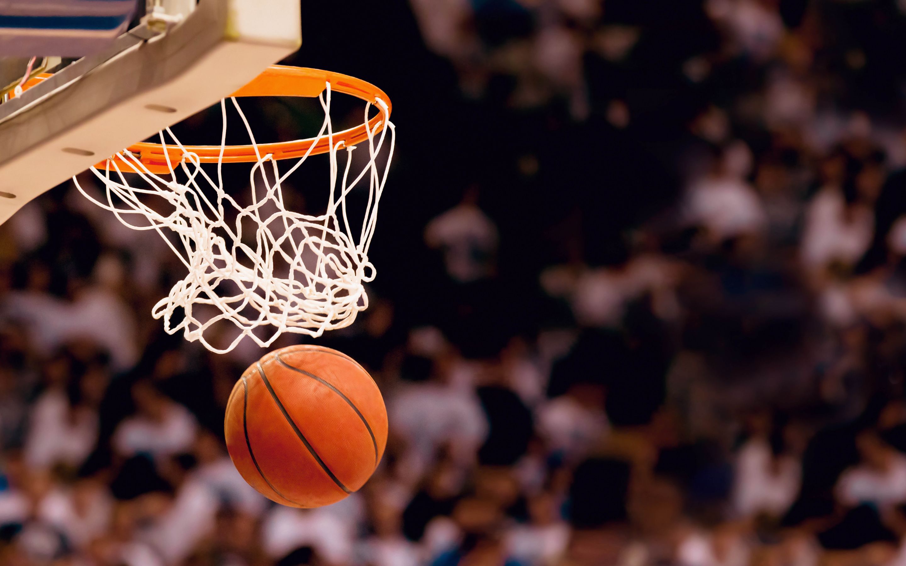 Una canasta de baloncesto con red, un balón de baloncesto en pleno vuelo y un público desenfocado al fondo.