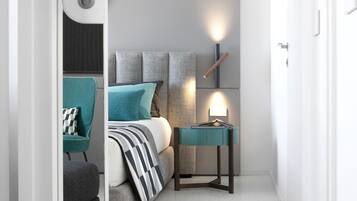 Quarto moderno com cama, mesa de cabeceira, luminária e uma cadeira.