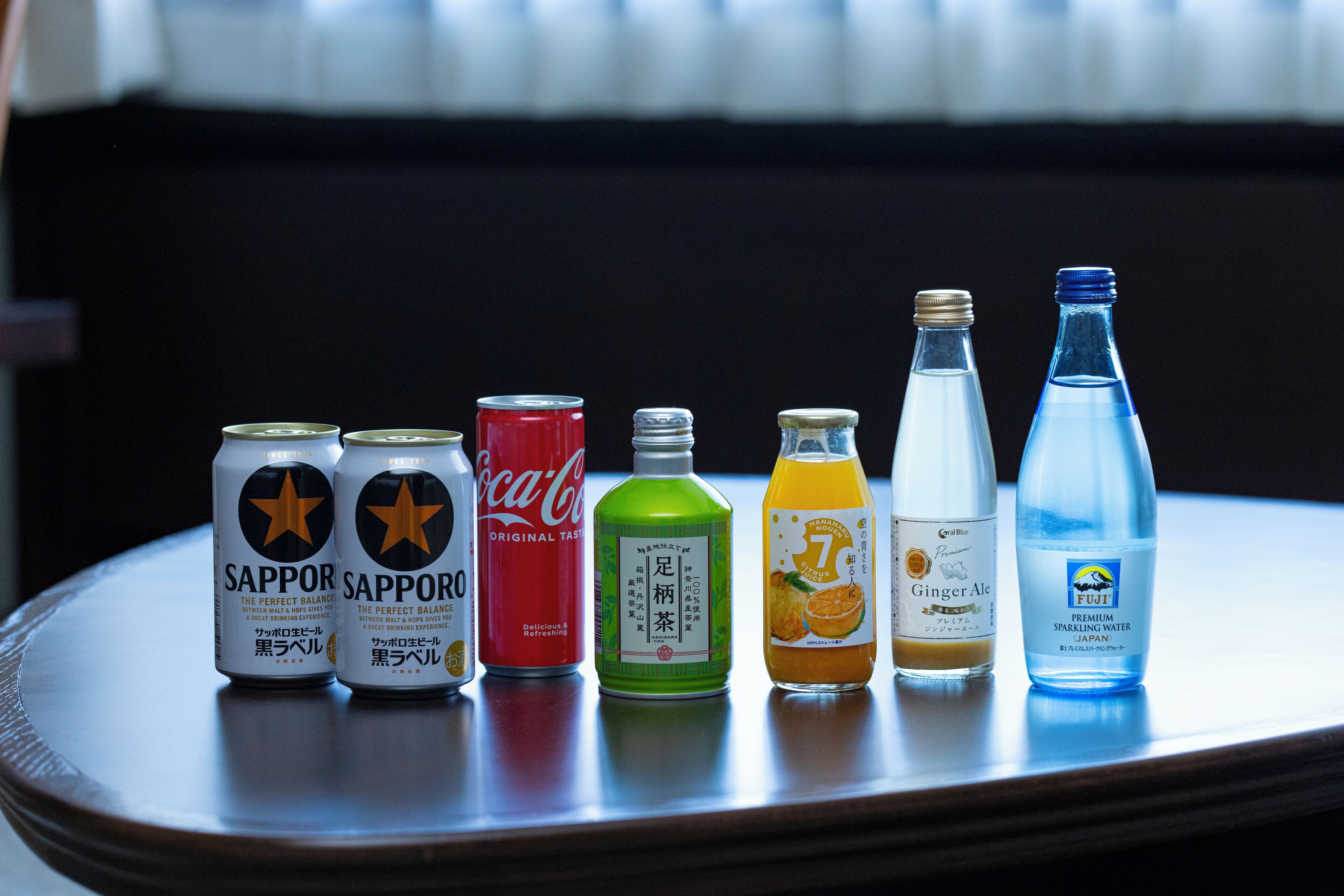 A selection of beverages on a table.