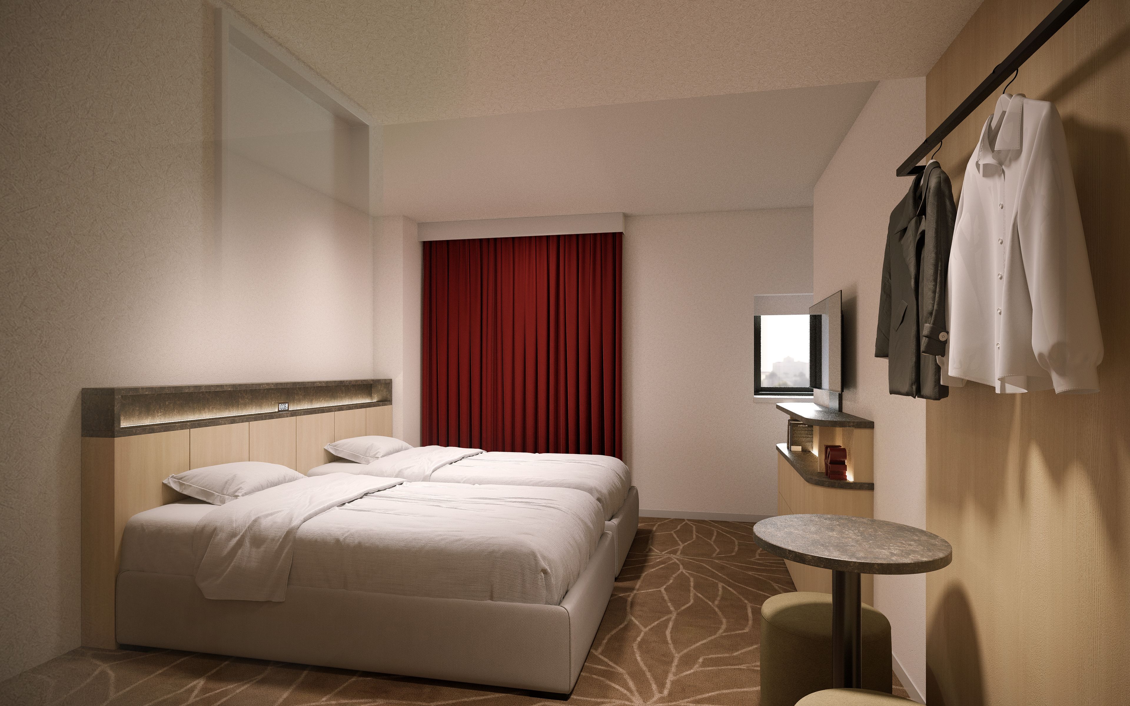 Ein Hotelzimmer mit einem Bett, einem kleinen runden Tisch, einem Spiegel und einem roten Vorhang.