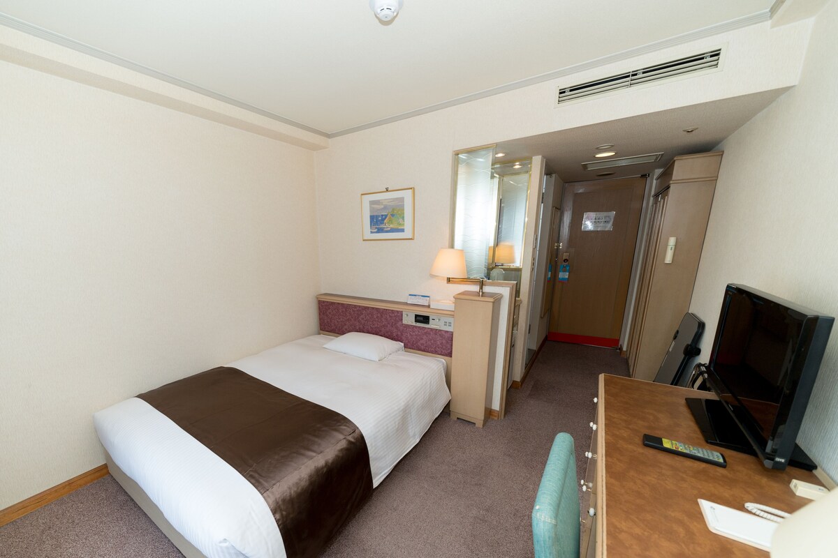 Una camera d'albergo con un letto, una scrivania, un televisore e l'ingresso del bagno.