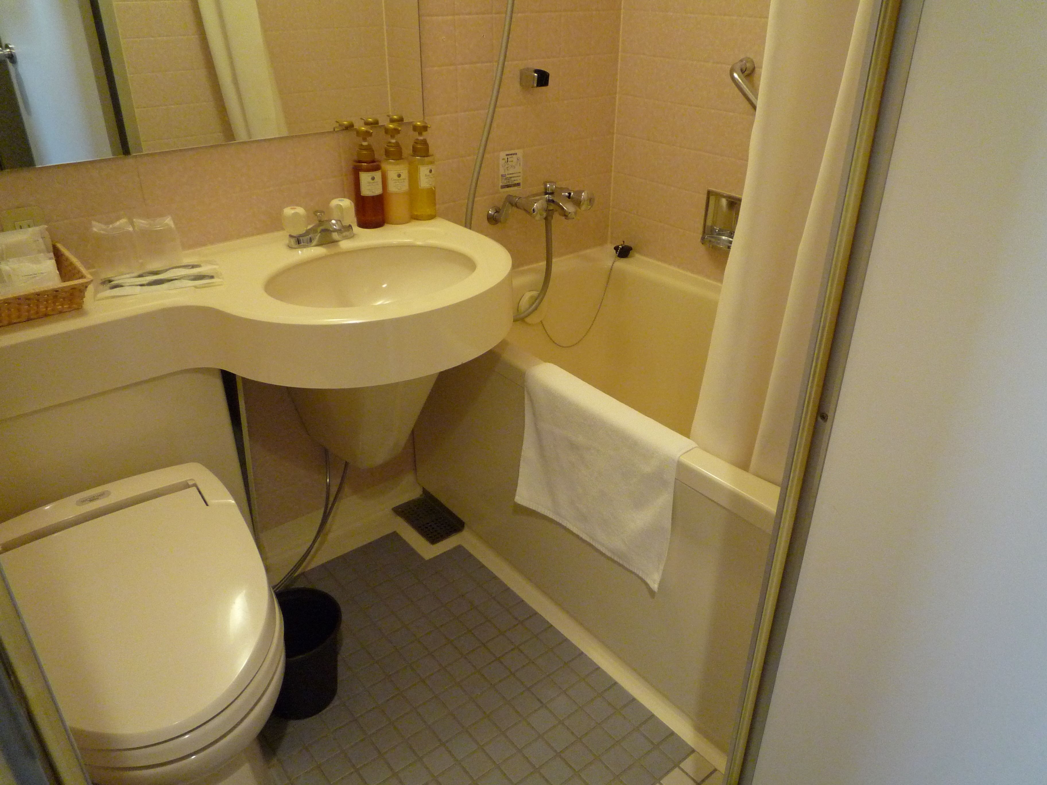 combined shower/bathtub, hair dryer, slippers, electronic bidet