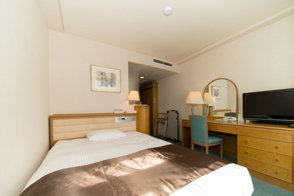 Camera d'albergo con un letto, una scrivania, una sedia, una televisione e uno specchio.