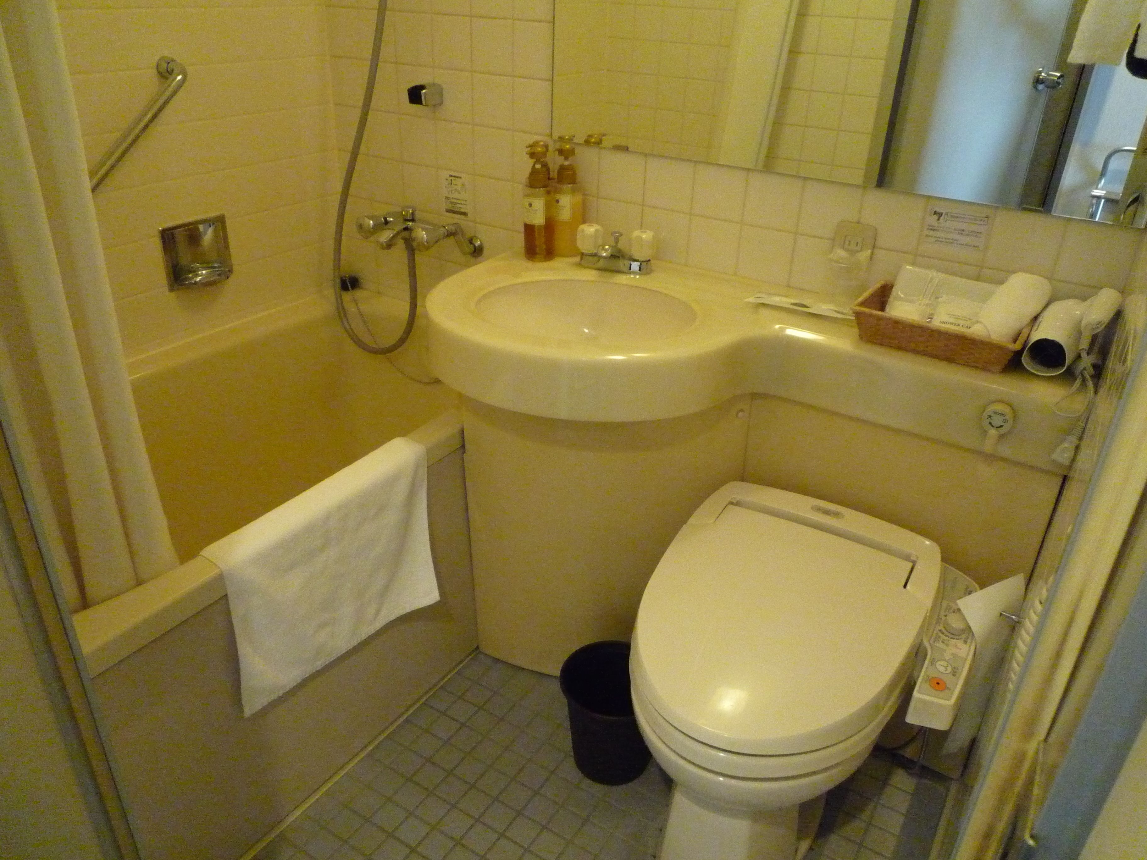 combined shower/bathtub, hair dryer, slippers, electronic bidet