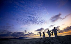 Private beach, white sand, free beach cabanas, sun loungers