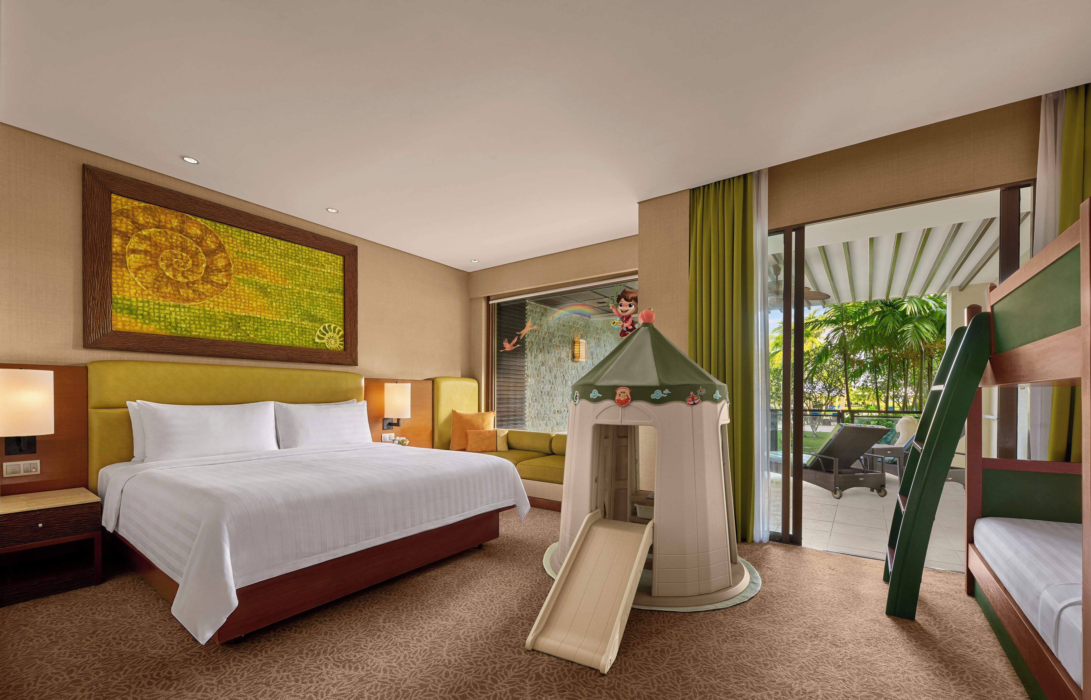 A hotel room with a bed, a playhouse, a slide, and a view of the outdoors.