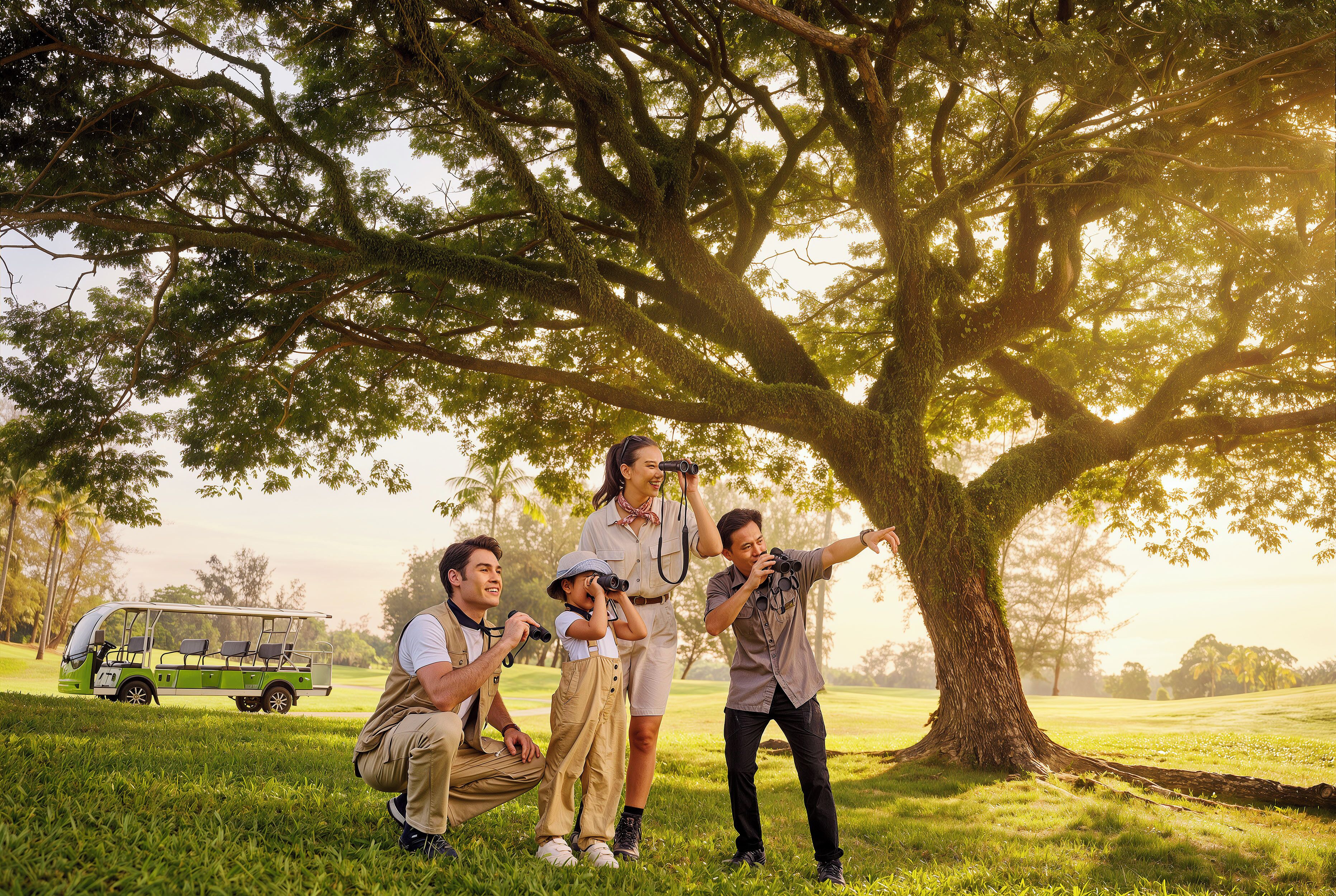 A group of people in a grassy area with a large tree and a golf cart in the background.