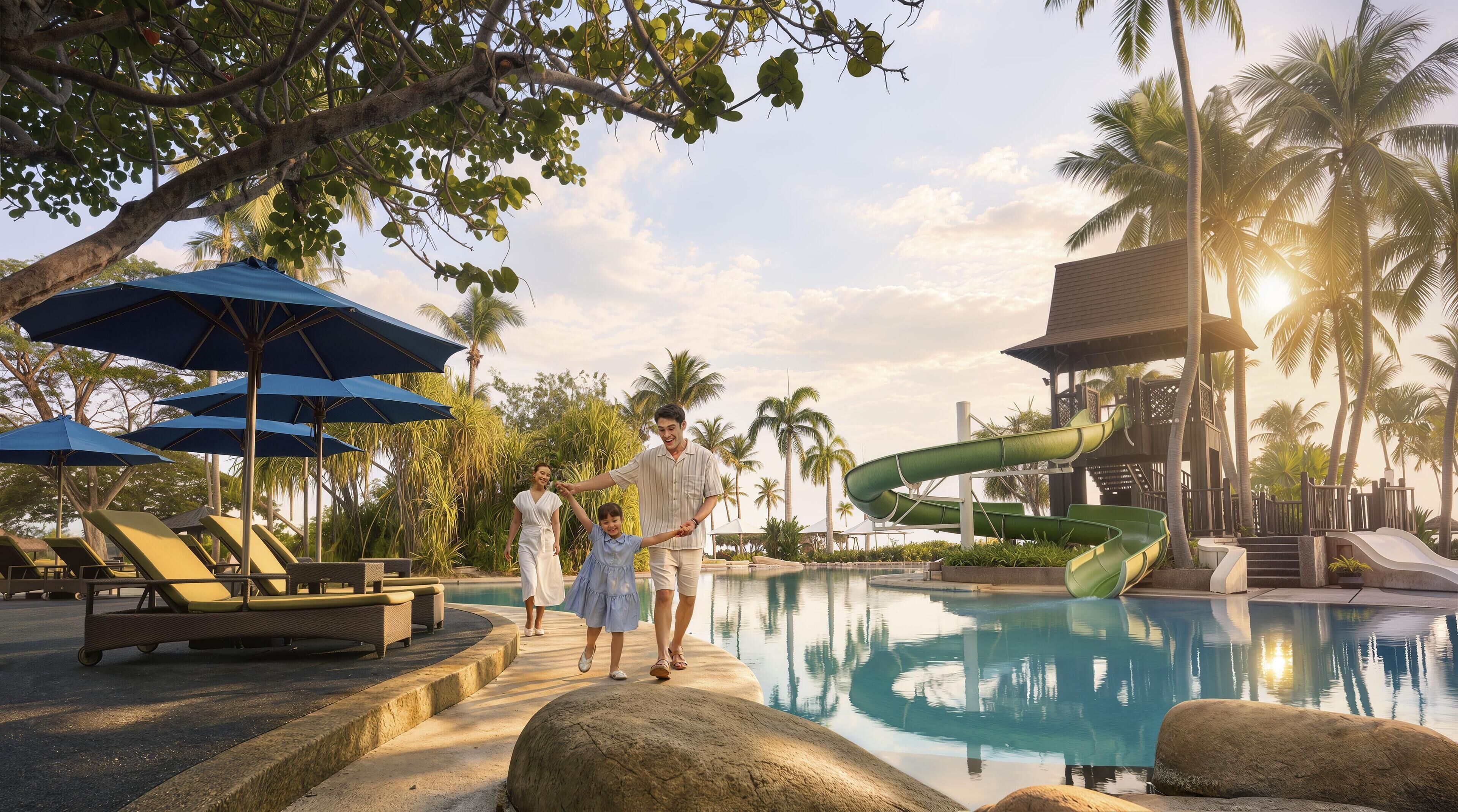 A poolside area with lounge chairs, umbrellas, and a water slide.