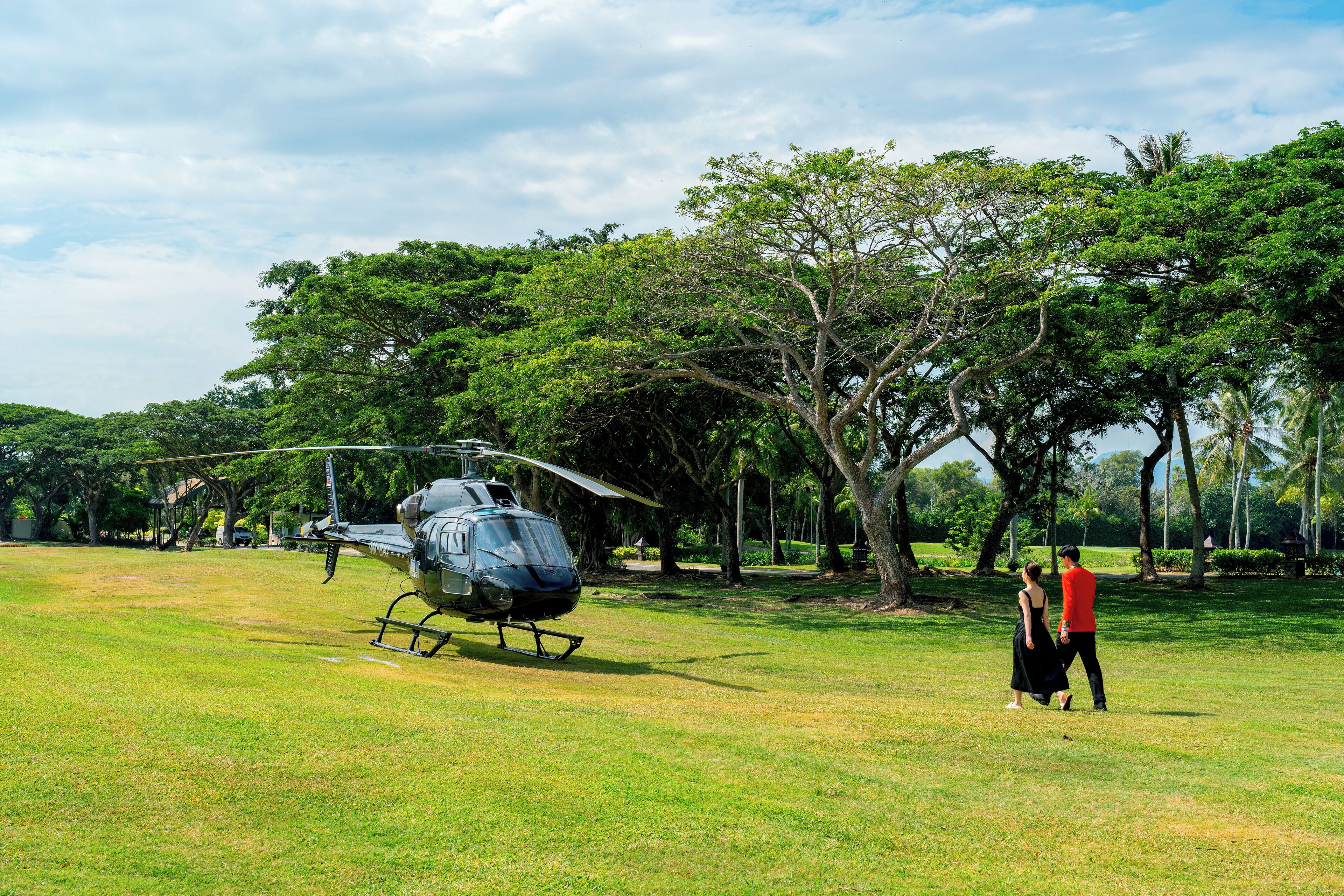 A helicopter parked on a grassy field with trees in the background.