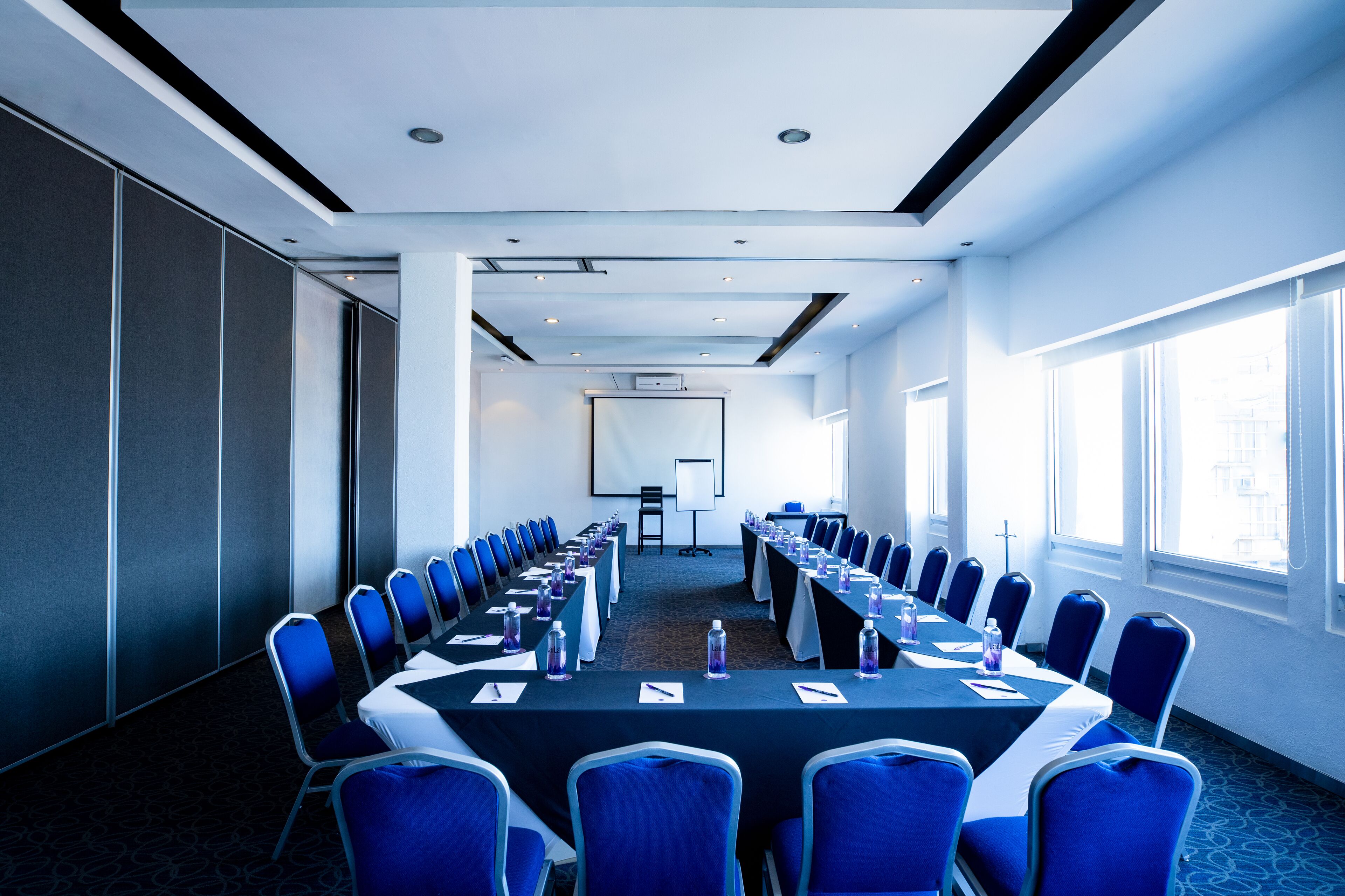 Une salle de conférence avec une longue table, des chaises bleues et un écran de projection.