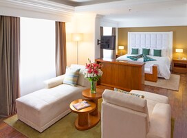 Una habitación de hotel con una cama, dos sofás, un escritorio y un televisor.