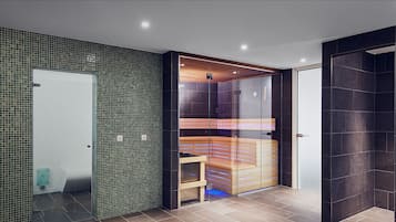 A modern bathroom with a glass-enclosed shower, a wooden bench, and a tiled wall with a green mosaic pattern.