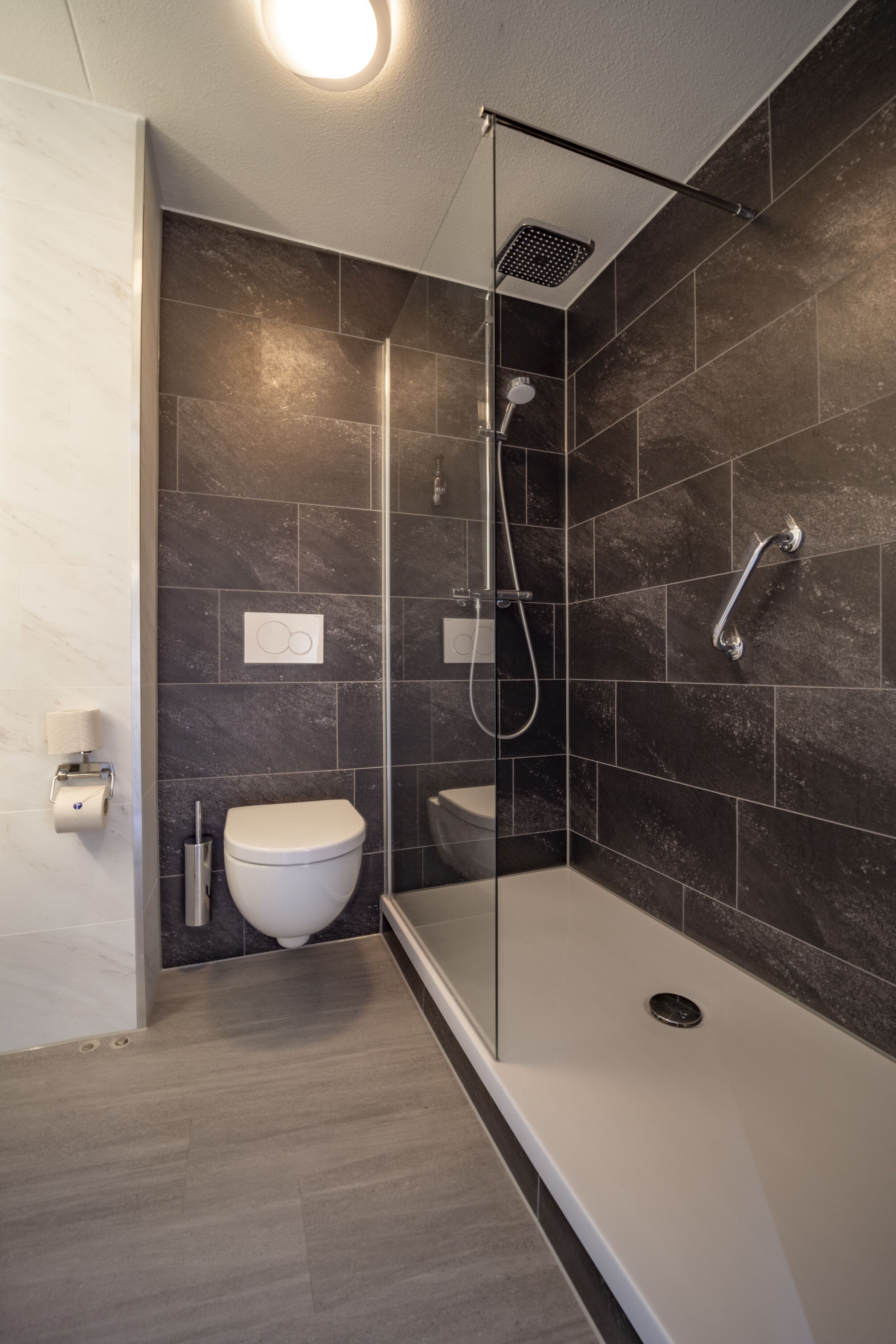Une salle de bain moderne avec une douche à parois de verre, des toilettes et un lavabo.