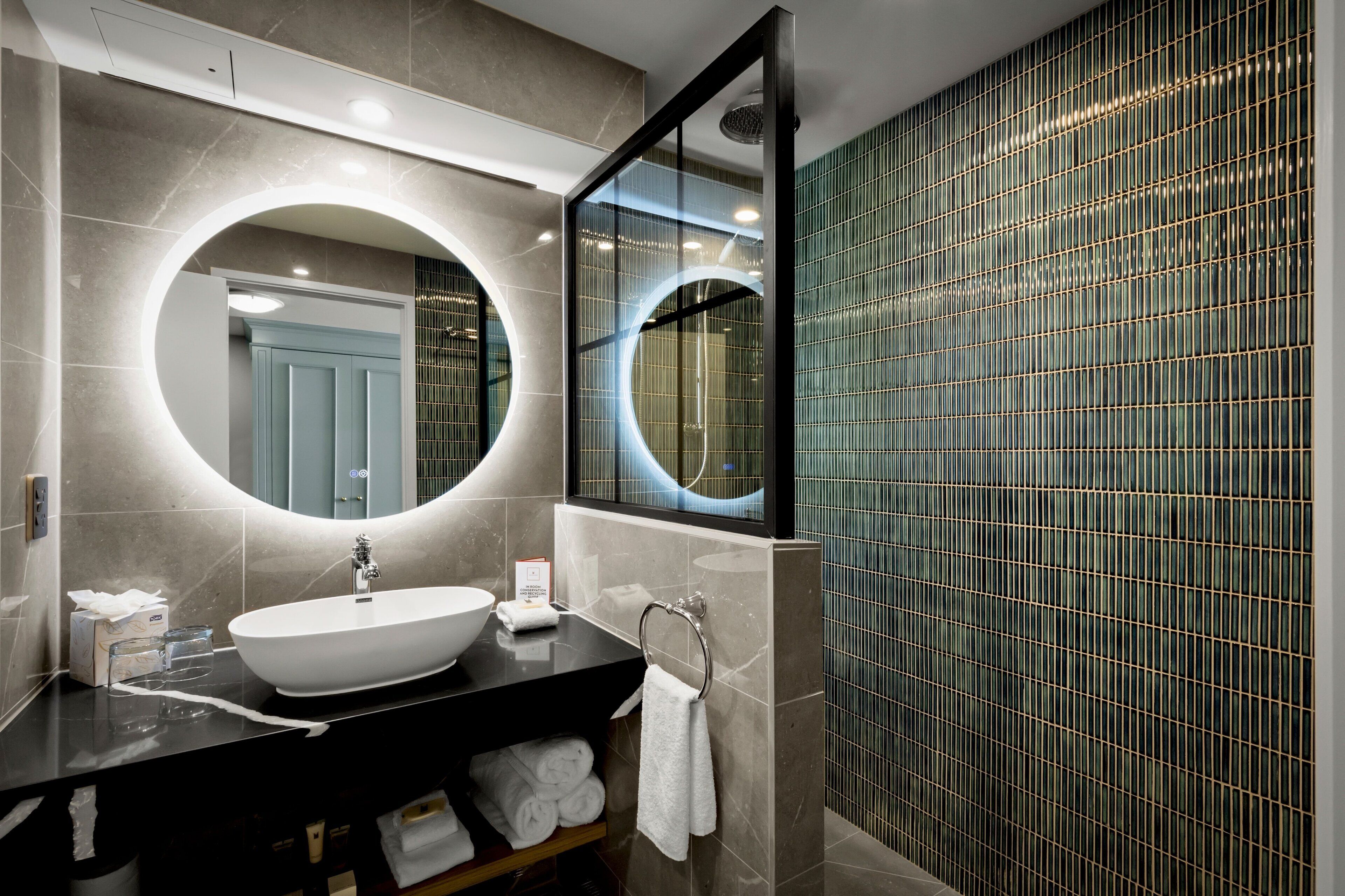 eco-friendly toiletries, hair dryer, towels