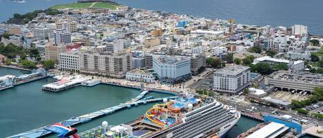 A cruise ship docked at a port with a cityscape in the background.