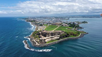 Vista aérea de una fortificación costera con un edificio central grande, rodeada de campos verdes y un litoral rocoso.