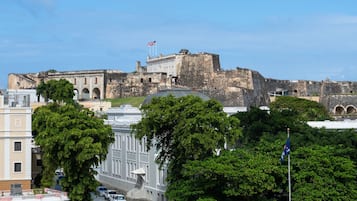 Una fortificación histórica con una bandera, rodeada de árboles verdes y edificios modernos.