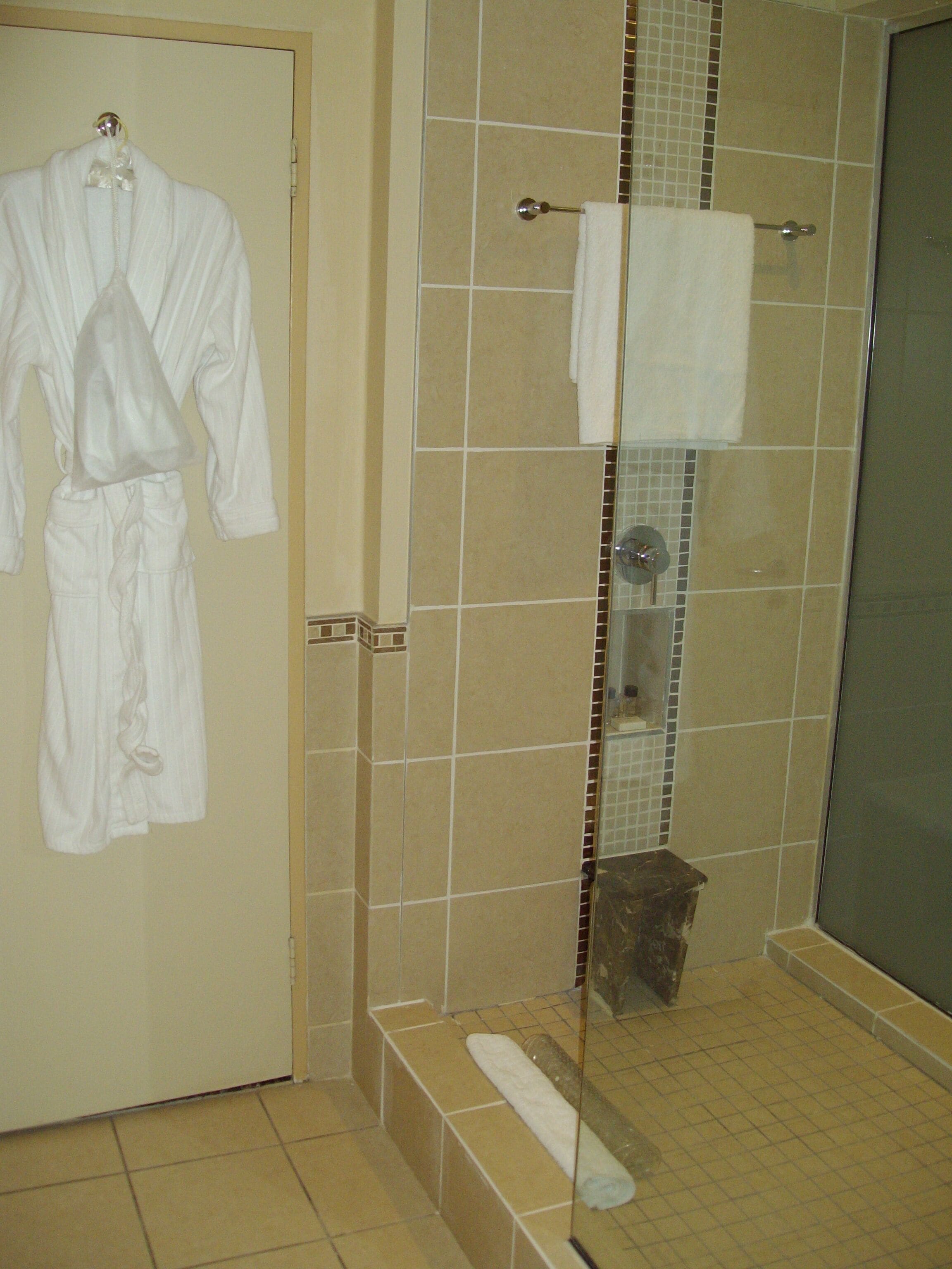 A bathroom with a shower, a towel rack, and a robe hanging on the wall.