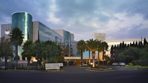 Un edificio moderno con fachada de vidrio curva, palmeras y un cartel para el Aeropuerto Internacional O.R. Tambo Southern Sun.