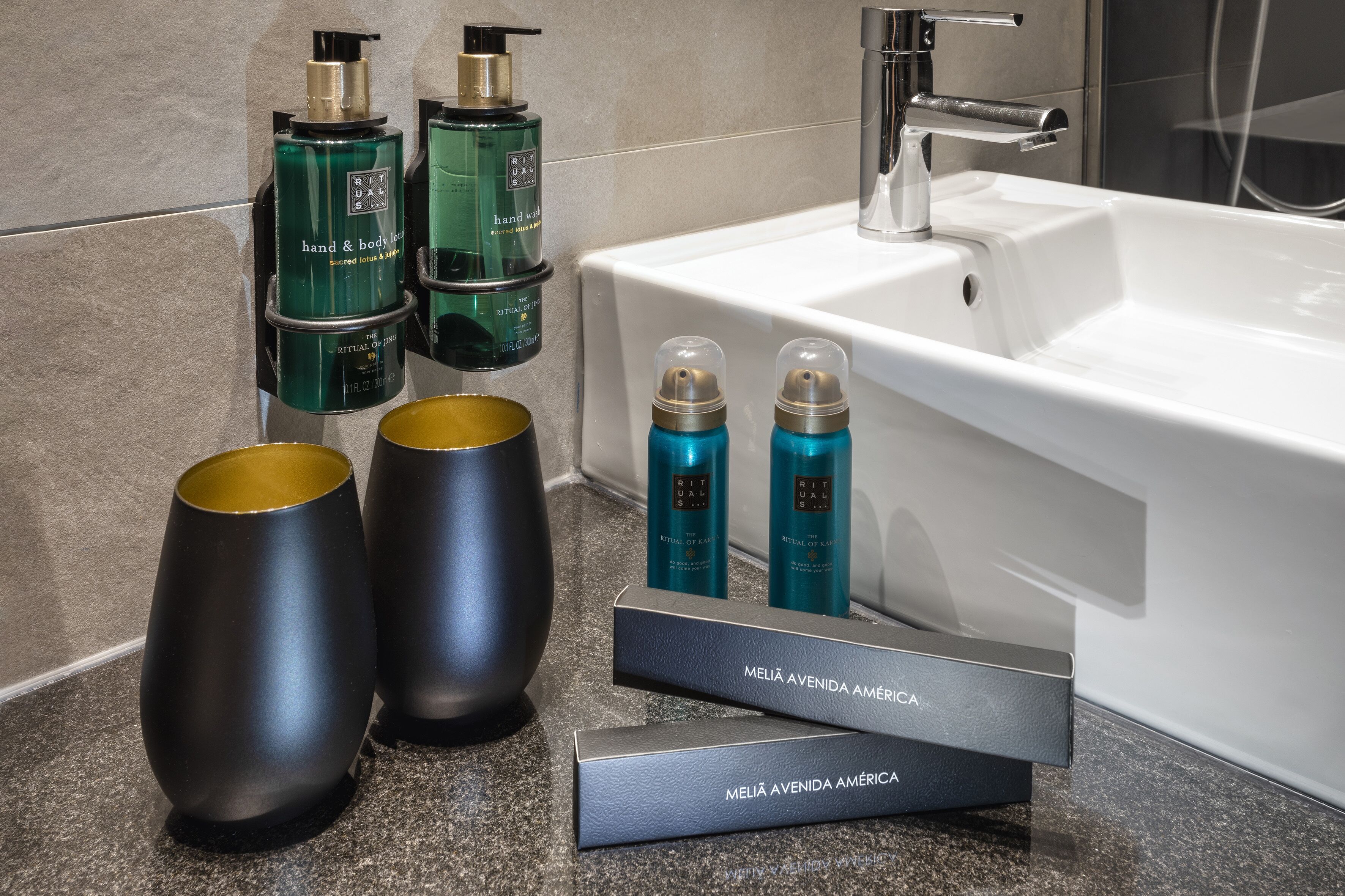 eco-friendly toiletries, hair dryer, towels, soap