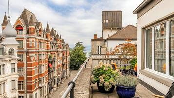 Un balcón con vista a un edificio histórico, una planta en maceta y una silla.
