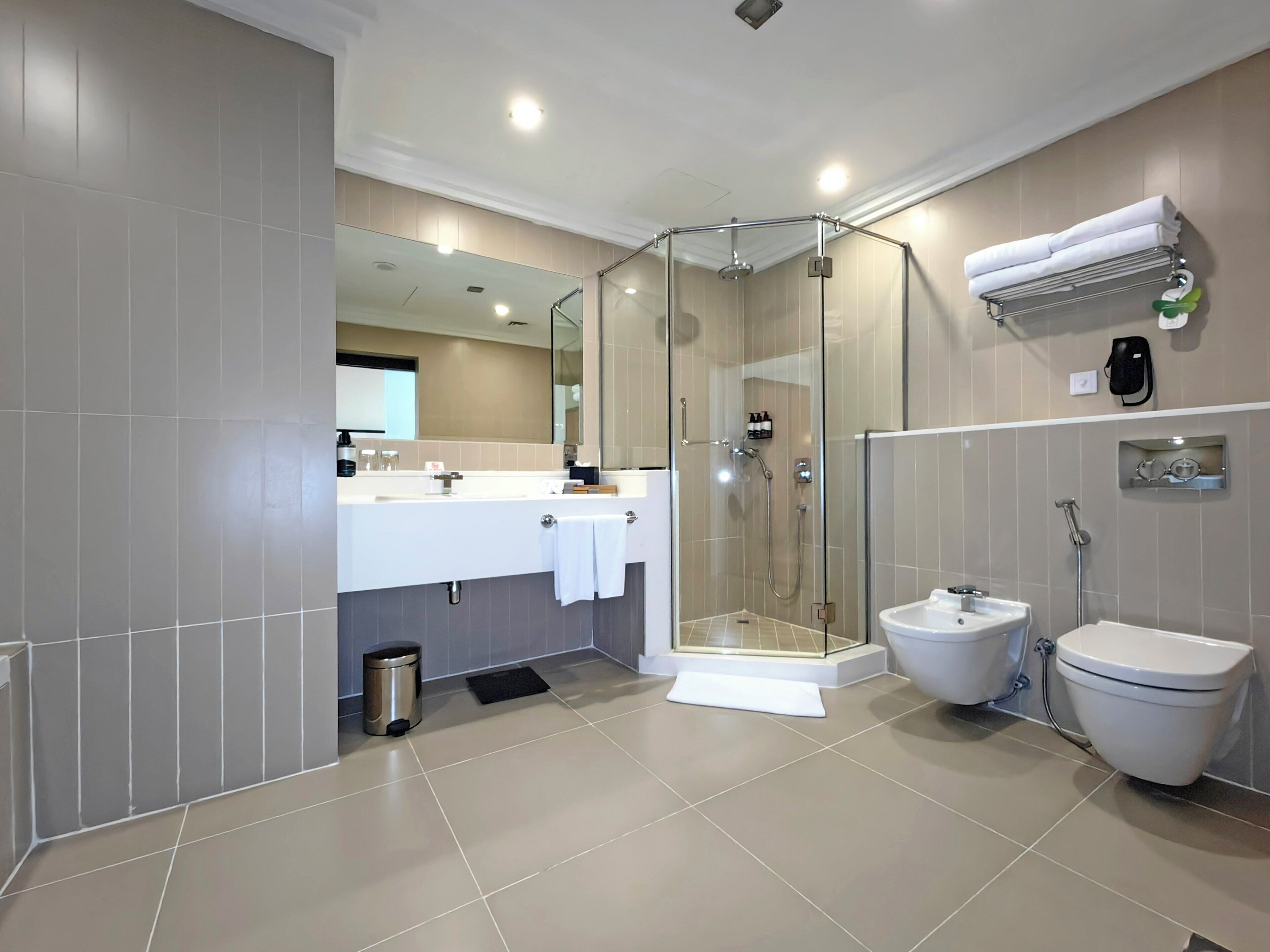 Une salle de bain moderne avec une douche à parois de verre, un lavabo blanc et des toilettes.