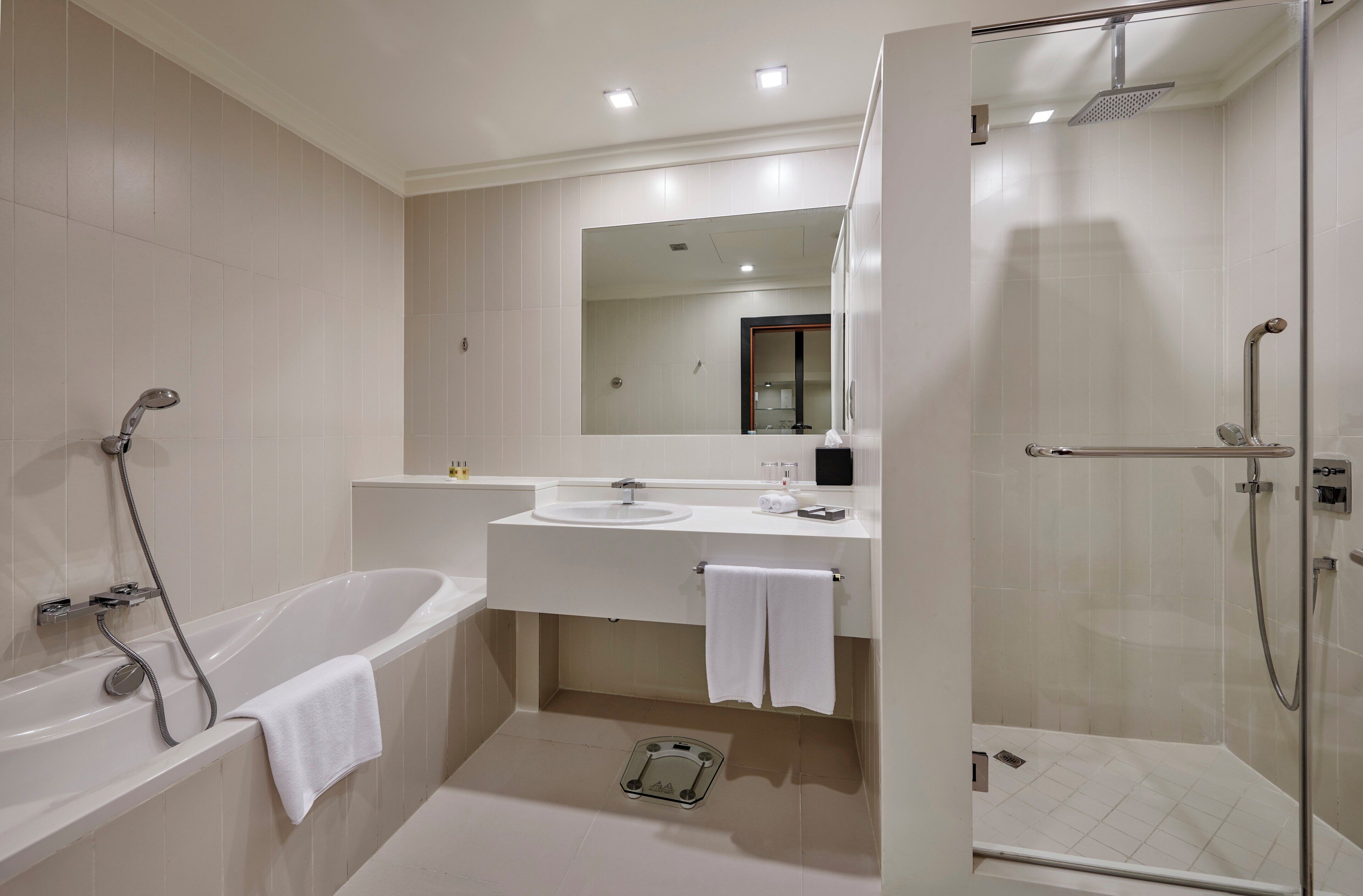 Combined shower/bathtub, free toiletries, hair dryer, bathrobes