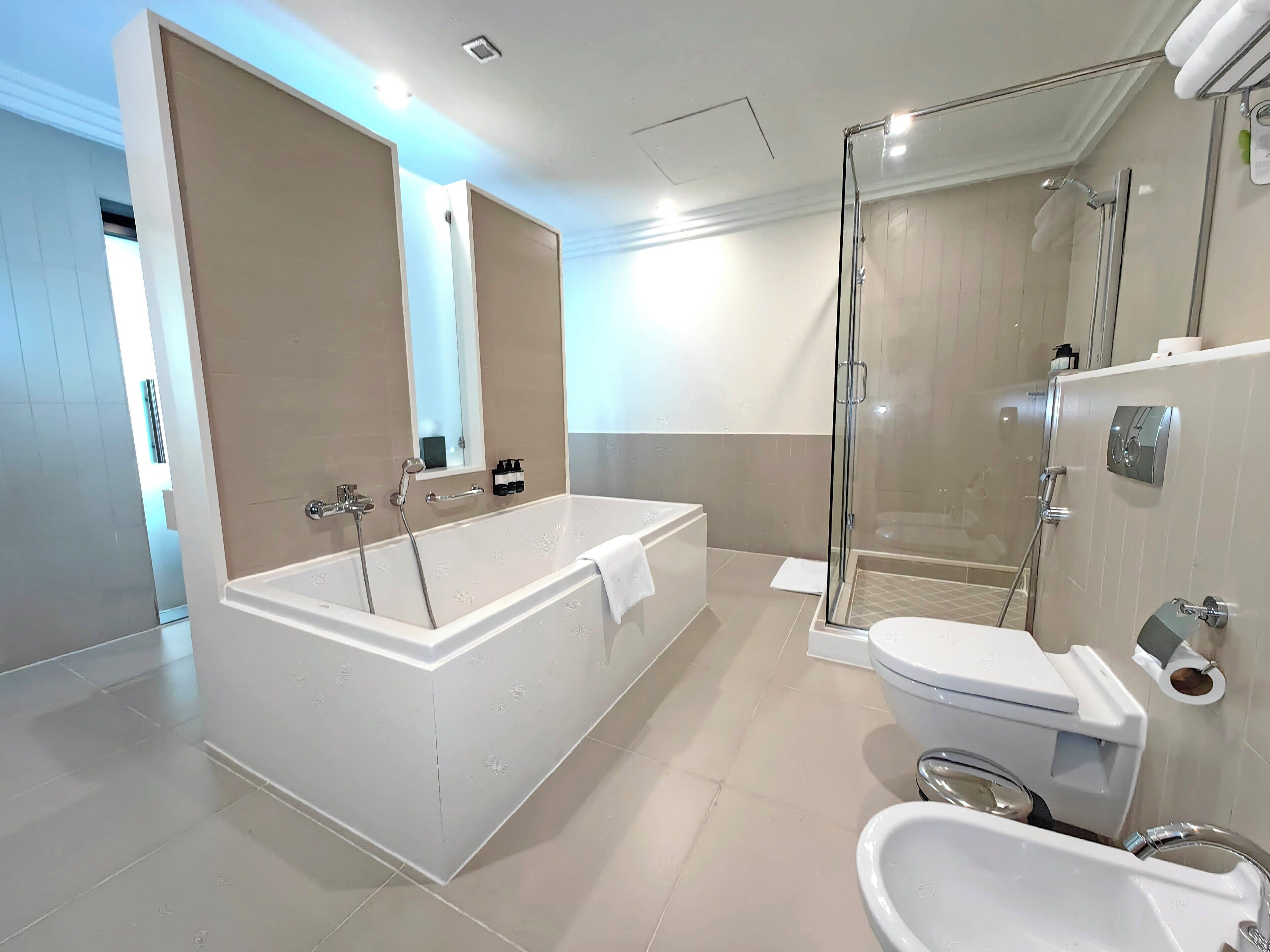 A modern bathroom with a large bathtub, a separate shower area, and a toilet.