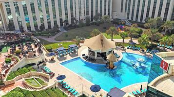 Outdoor pool, pool umbrellas, pool loungers