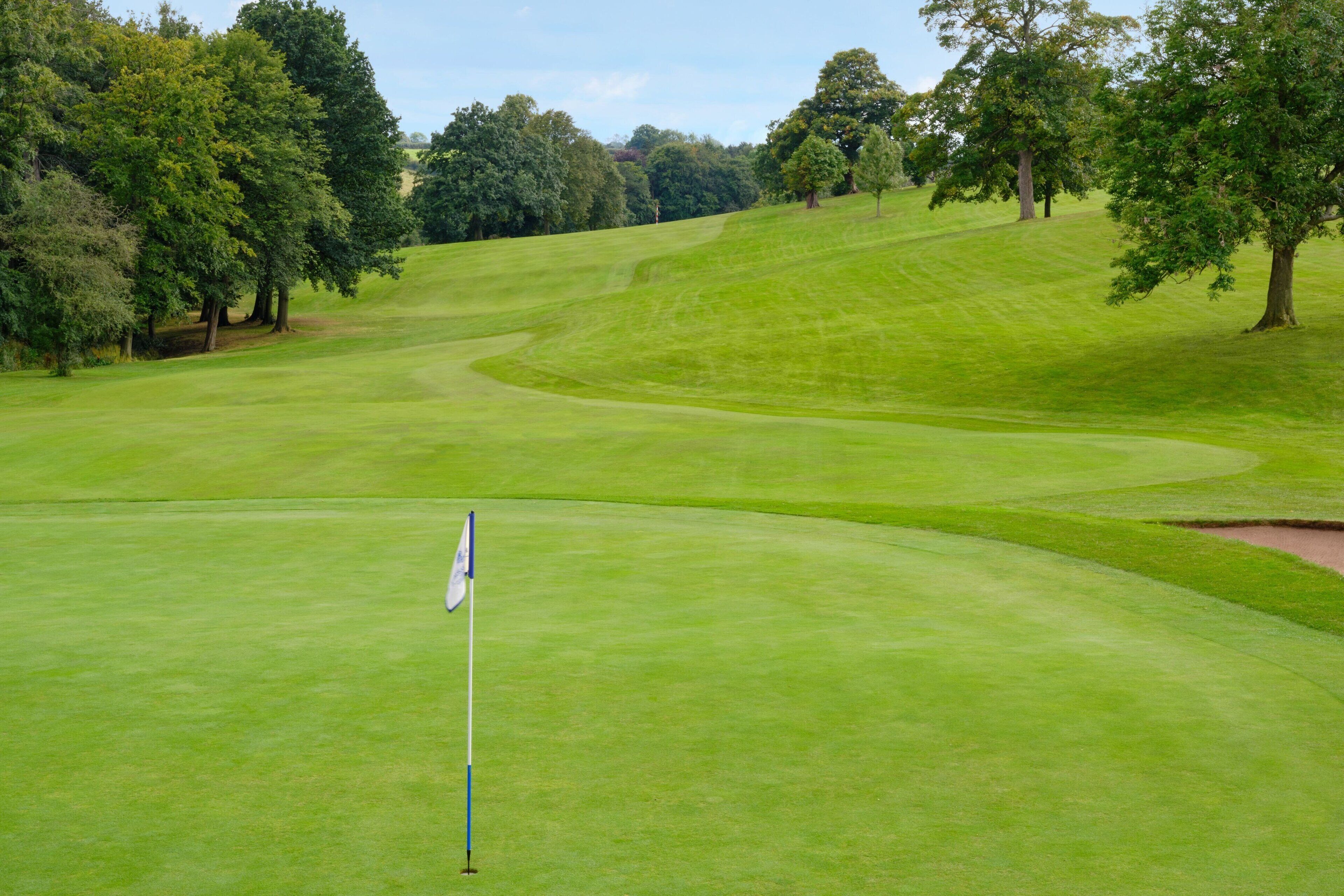 A golf course with a flagstick in the foreground, surrounded by rolling green hills and trees.