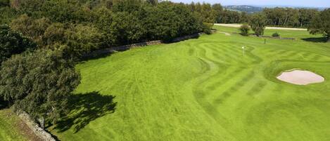 A golf course with a stone wall, trees, and a clear sky.
