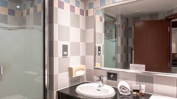 Shower, free toiletries, hair dryer, towels