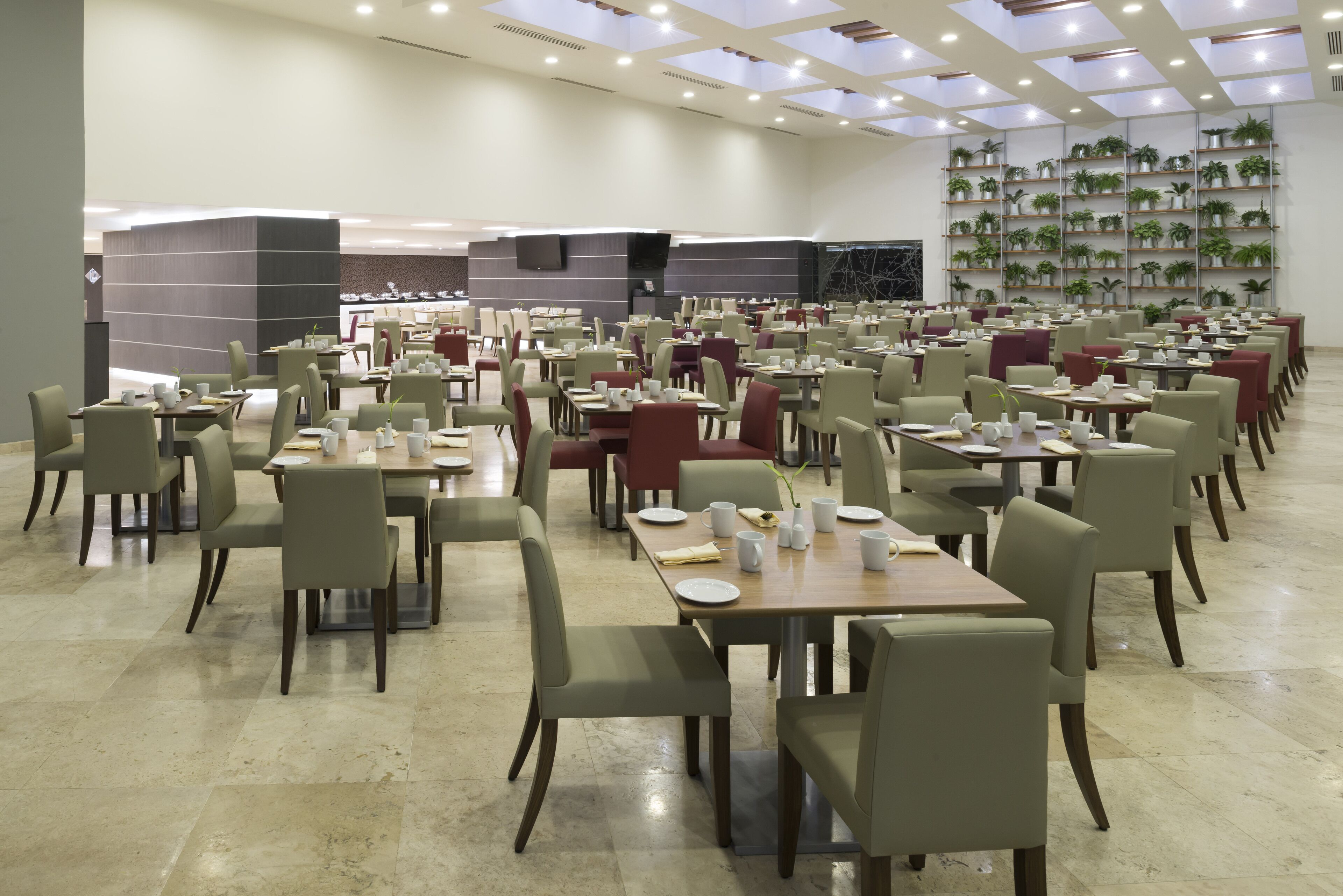 A spacious dining area with multiple tables and chairs, a modern ceiling design, and a wall adorned with shelves of plants.