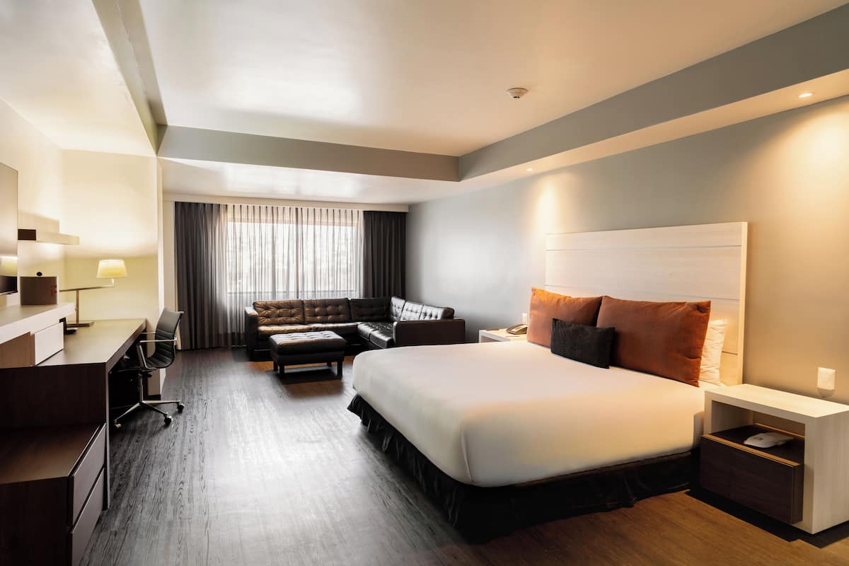 A modern hotel room with a large bed, a desk, a sofa, and a view of the outdoors through the window.