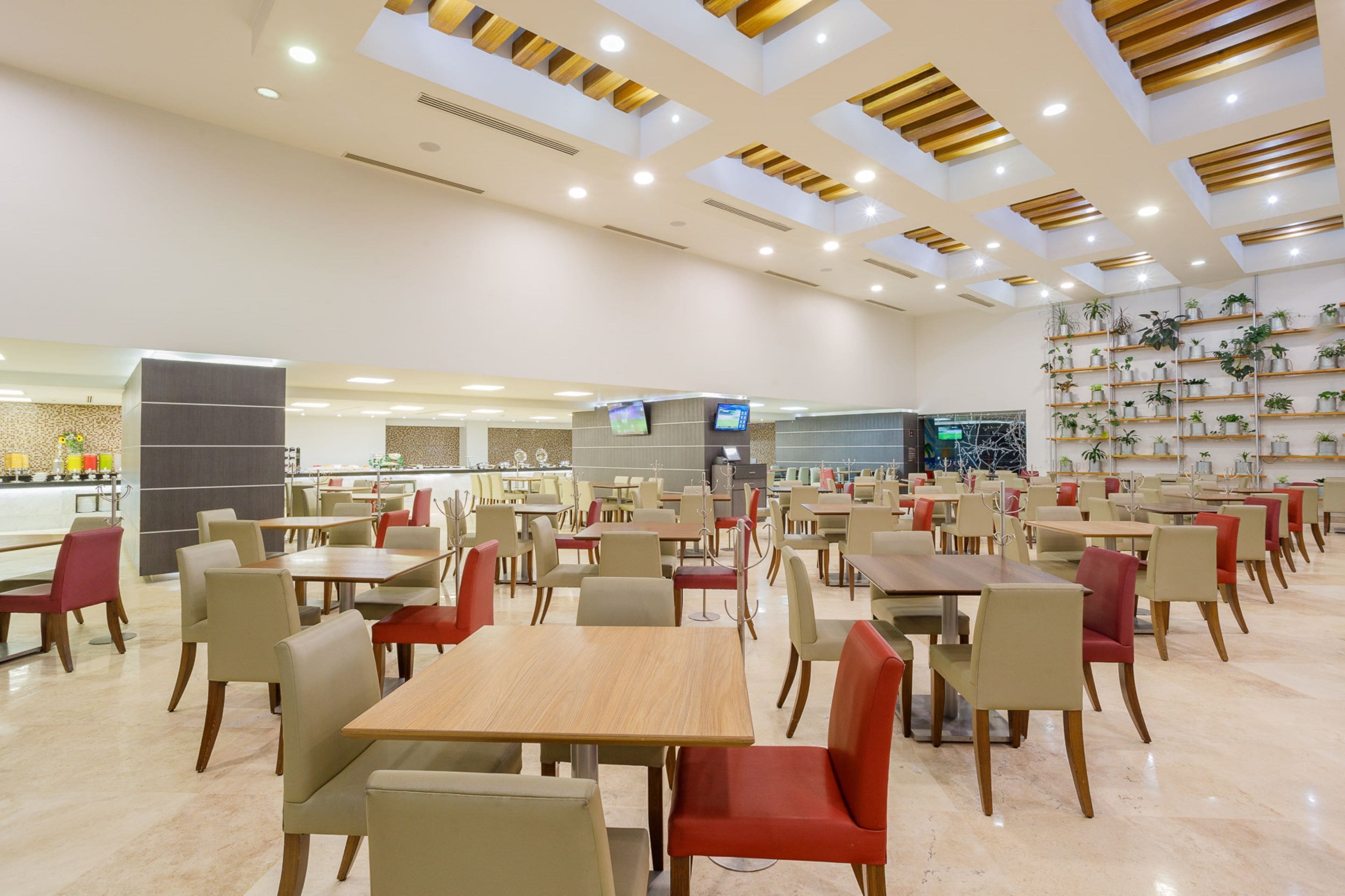 A spacious indoor dining area with multiple tables and chairs, a counter with a display, and shelves with plants.