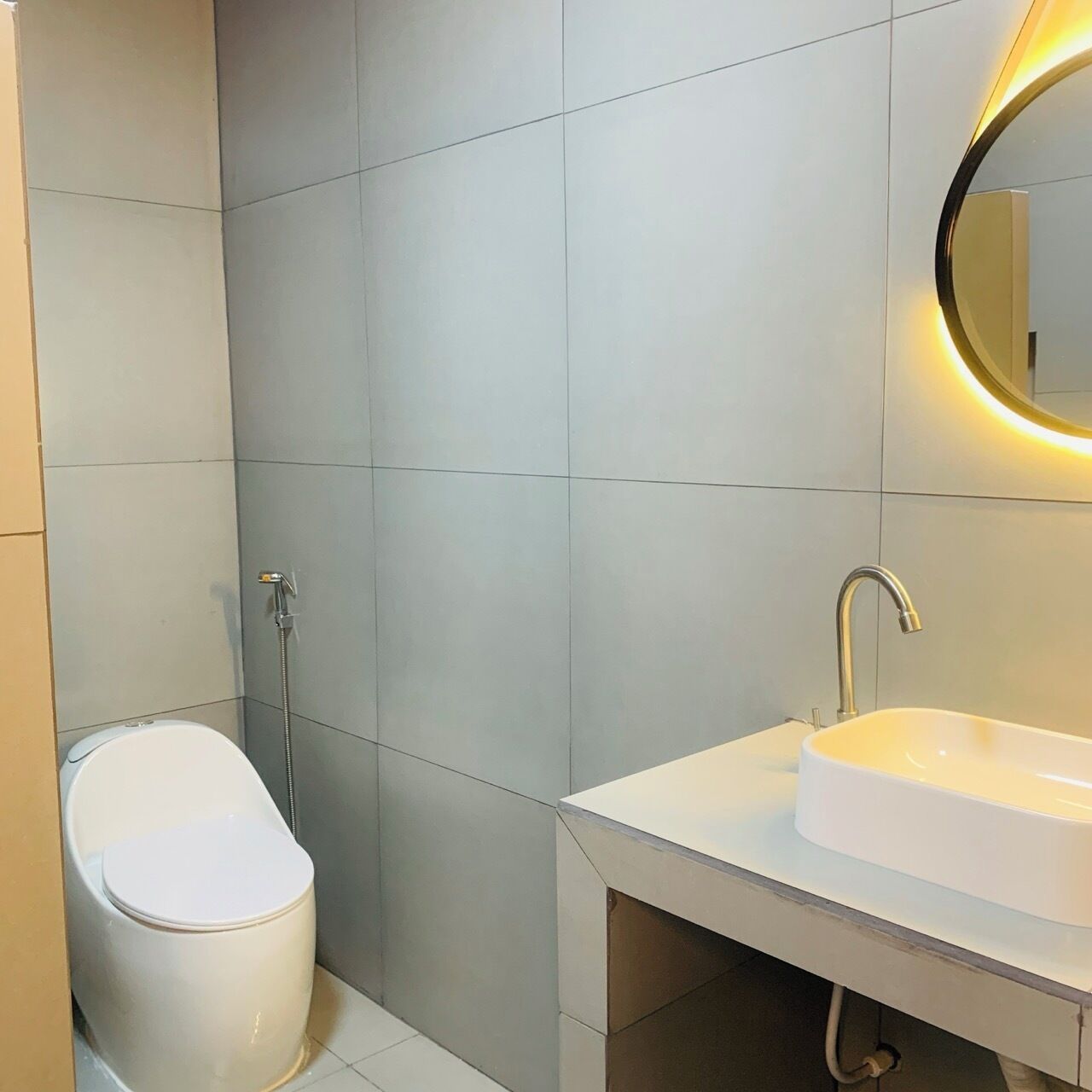 A modern bathroom with a white toilet, a sink with a mirror, and a shower.