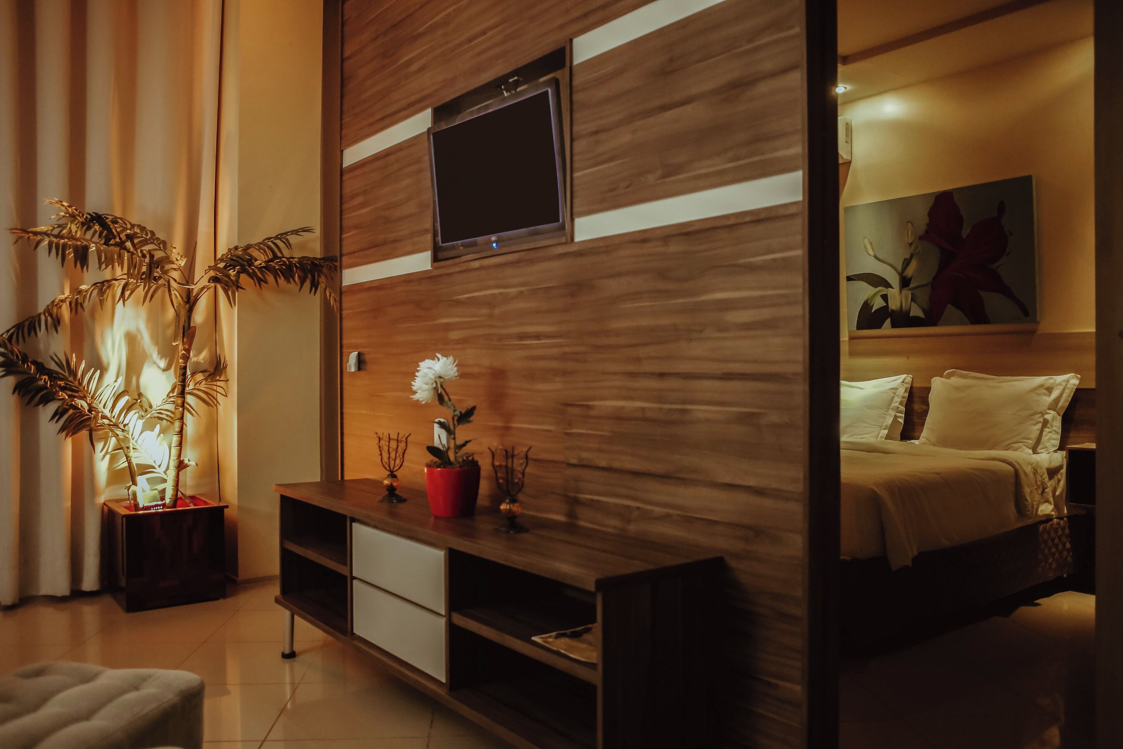 A modern living room with a wooden wall, a flat-screen TV, a potted plant, and a bed with white bedding.
