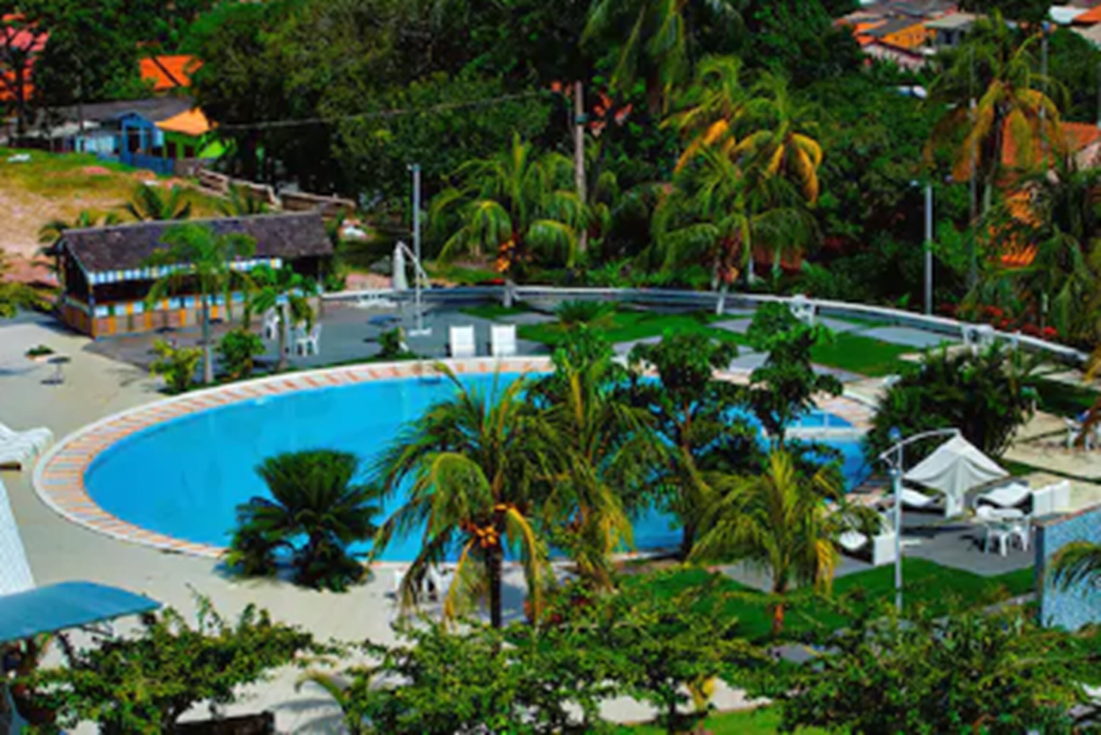 A large circular pool surrounded by palm trees and a small building with a thatched roof.